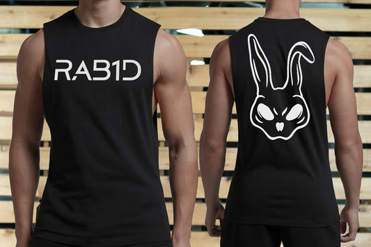 Two black sleeveless shirts with 'RAB1D' logo on front and rabbit face design on back, worn by two people.