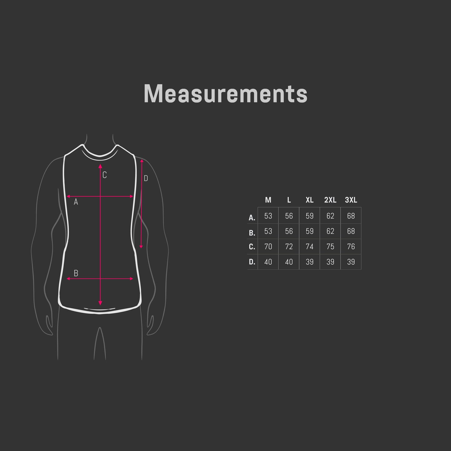 Measurement chart for a shirt with a silhouette and size guide on a dark background, branded 'APEX'.