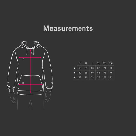 Measurement chart for a hoodie with dimensions labeled on a black background.