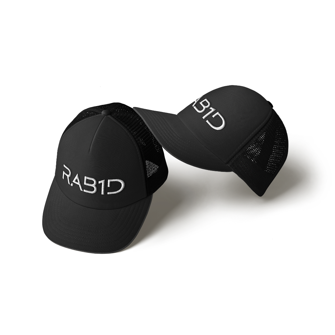 Two black caps with 'RAB1D' branding on a white background