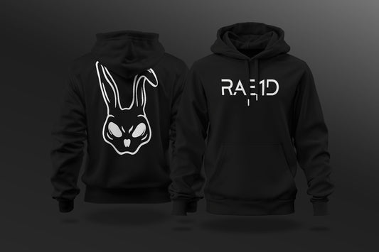 Black hoodie with white rabbit logo on the back and 'RABID' text on the front, displayed against a dark background.