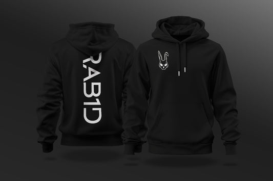 Black hoodie with 'RAB1D' logo on the back and rabbit emblem on the chest against a dark background