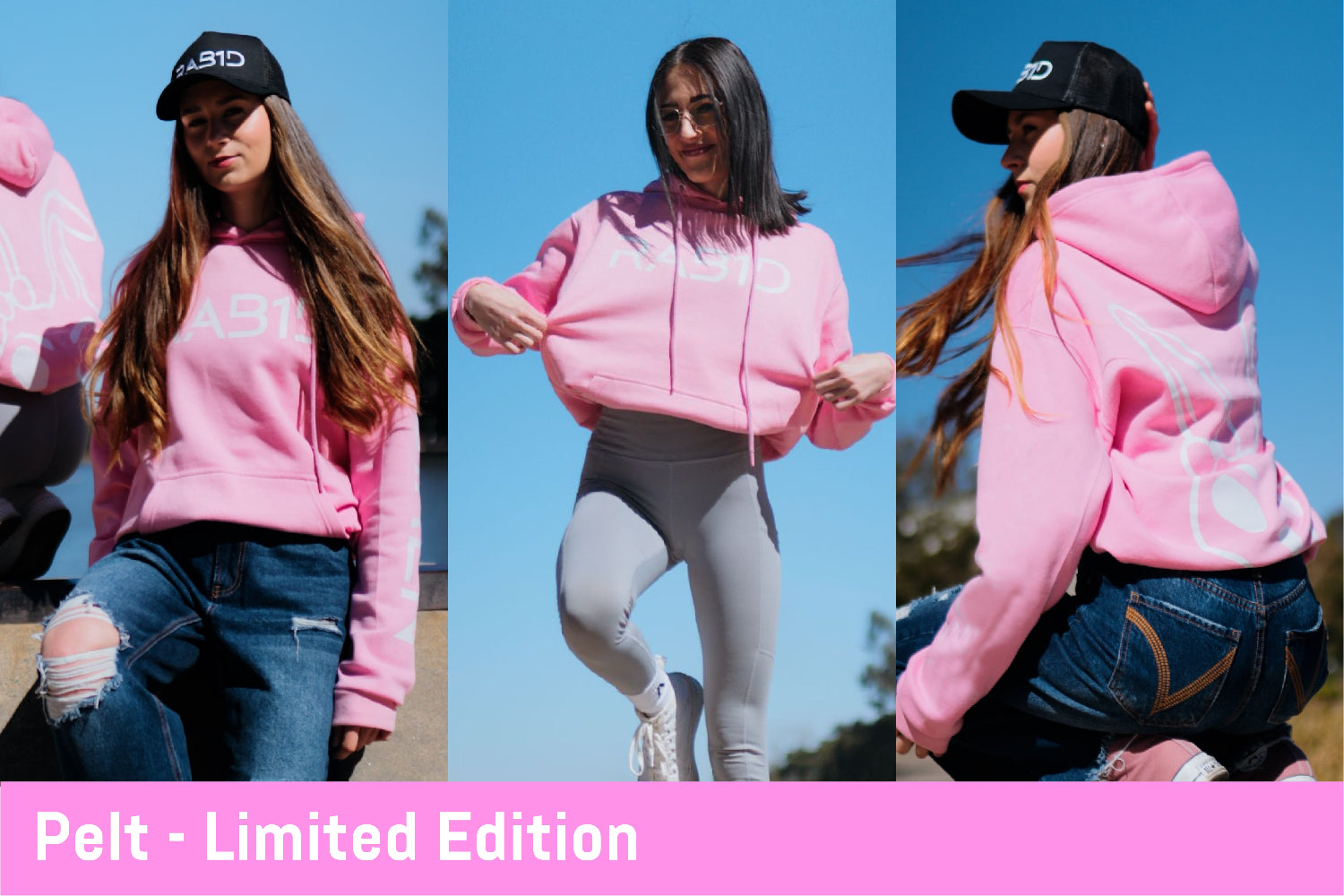 Collage of a person wearing a pink hoodie with a brand logo and bunny logo on the back, outdoors.