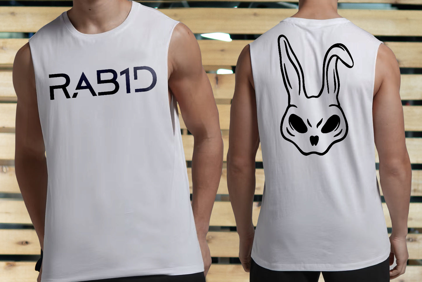 White sleeveless shirts with 'RAB1D' text on the front and alien rabbit face on the back, against a wooden background.