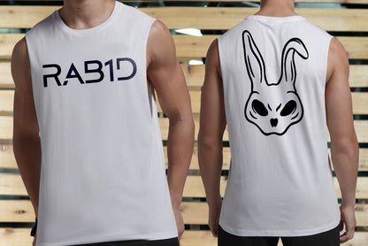 White sleeveless shirts with 'RAB1D' text on the front and alien rabbit face on the back, against a wooden background.