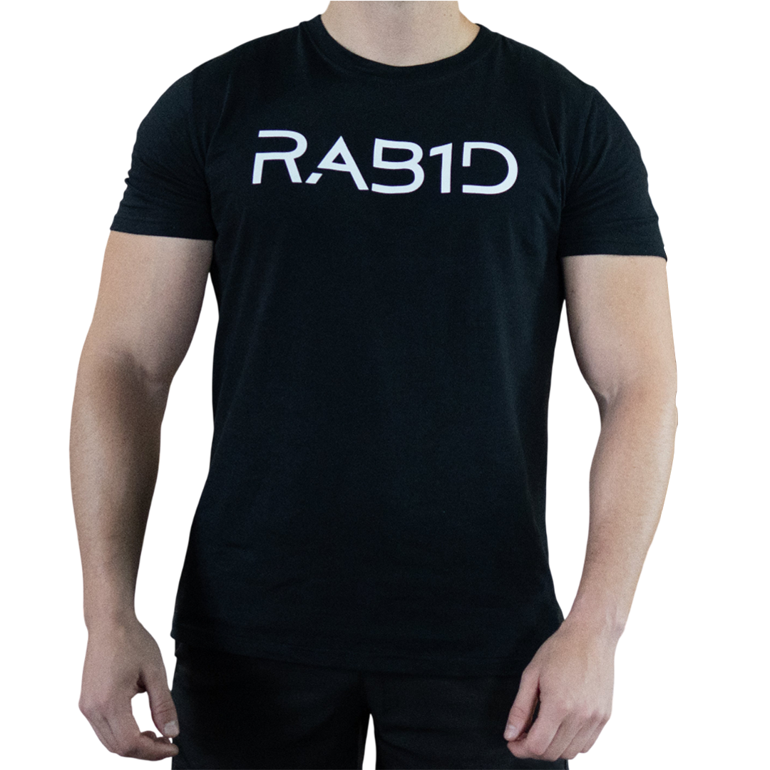 Black t-shirt with 'RAB1D' printed on it worn by a person