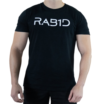 Black t-shirt with 'RAB1D' printed on it worn by a person