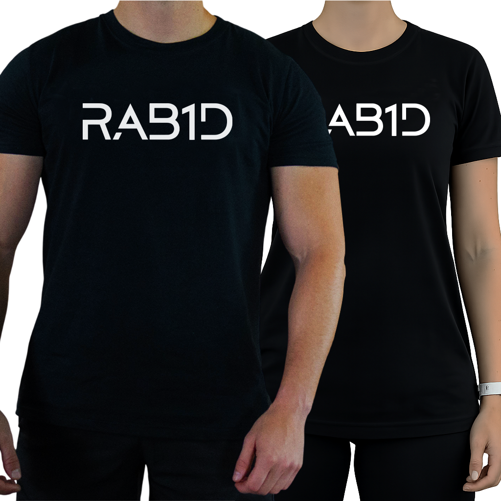 Black t-shirt with 'RAB1D' printed on it worn by two people
