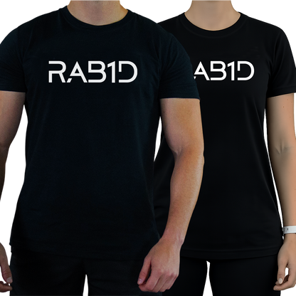 Black t-shirt with 'RAB1D' printed on it worn by two people