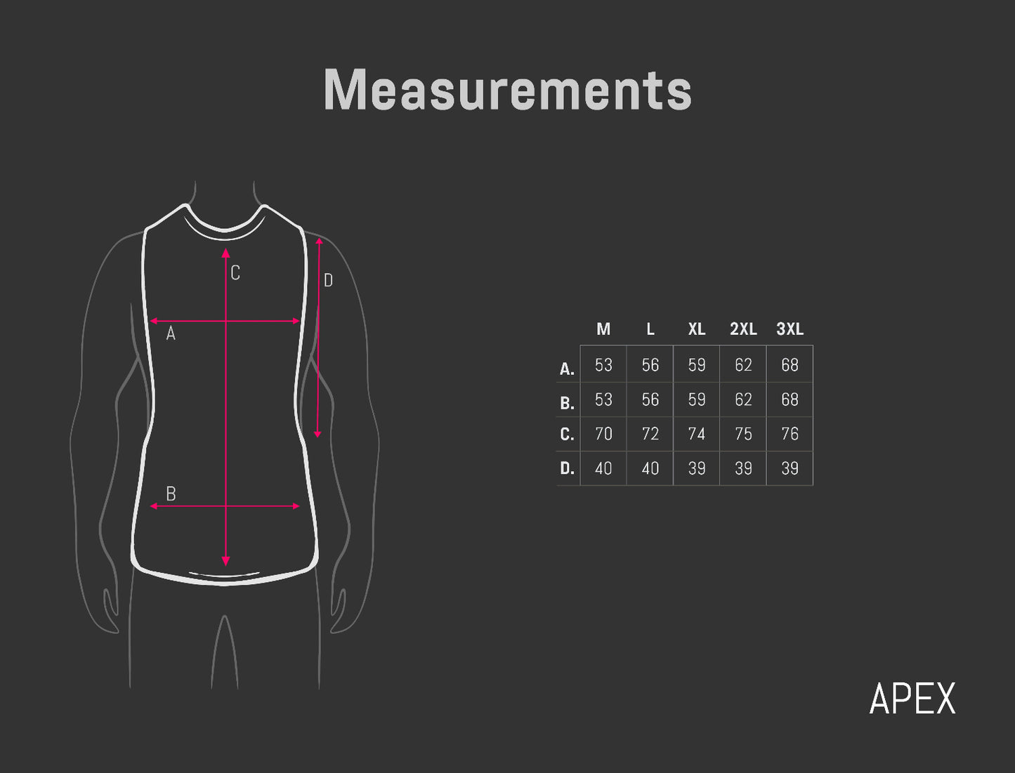 Measurement chart for a shirt with a silhouette and size guide on a dark background, branded 'APEX'.