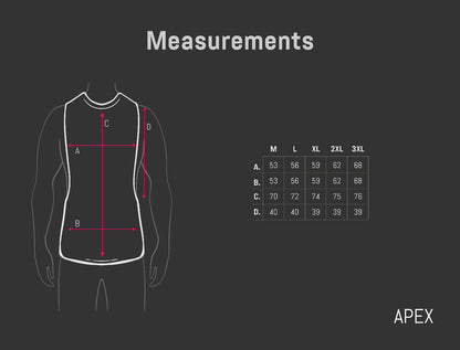 Measurement chart for a shirt with a silhouette and size guide on a dark background, branded 'APEX'.