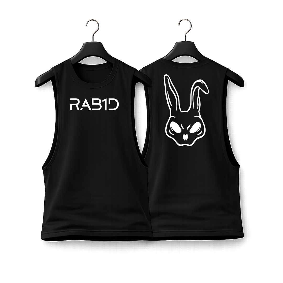 Black sleeveless shirt with 'RAB1D' logo on a white background