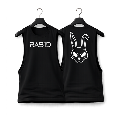 Black sleeveless shirt with 'RAB1D' logo on a white background