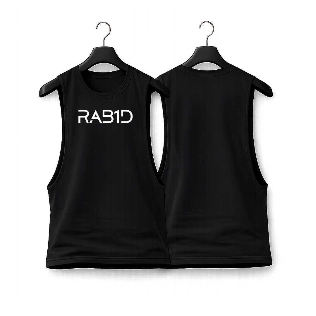 Black sleeveless shirt with 'RAB1D' text on a white background