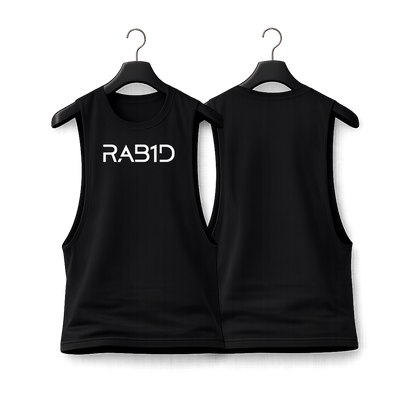 Black sleeveless shirt with 'RAB1D' text on a white background