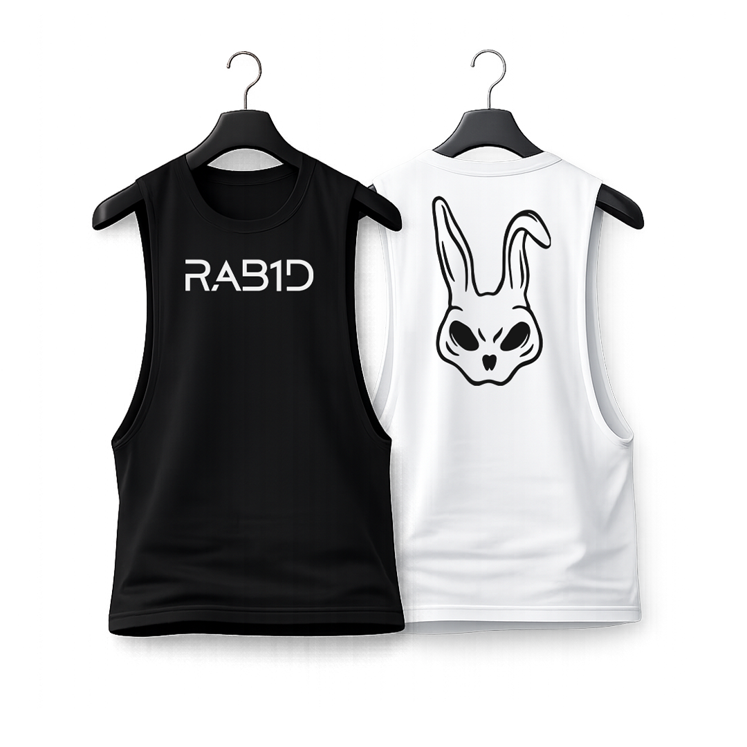 Black and white sleeveless shirts with 'RAB1D' text and rabbit graphic on hangers.
