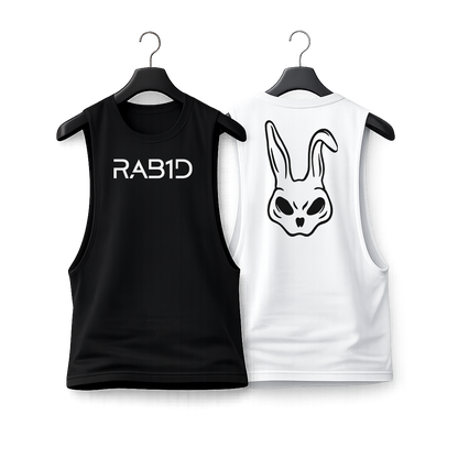 Black and white sleeveless shirts with 'RAB1D' text and rabbit graphic on hangers.