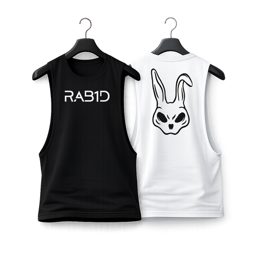 Black and white sleeveless shirts with 'RAB1D' text and rabbit graphic on hangers.