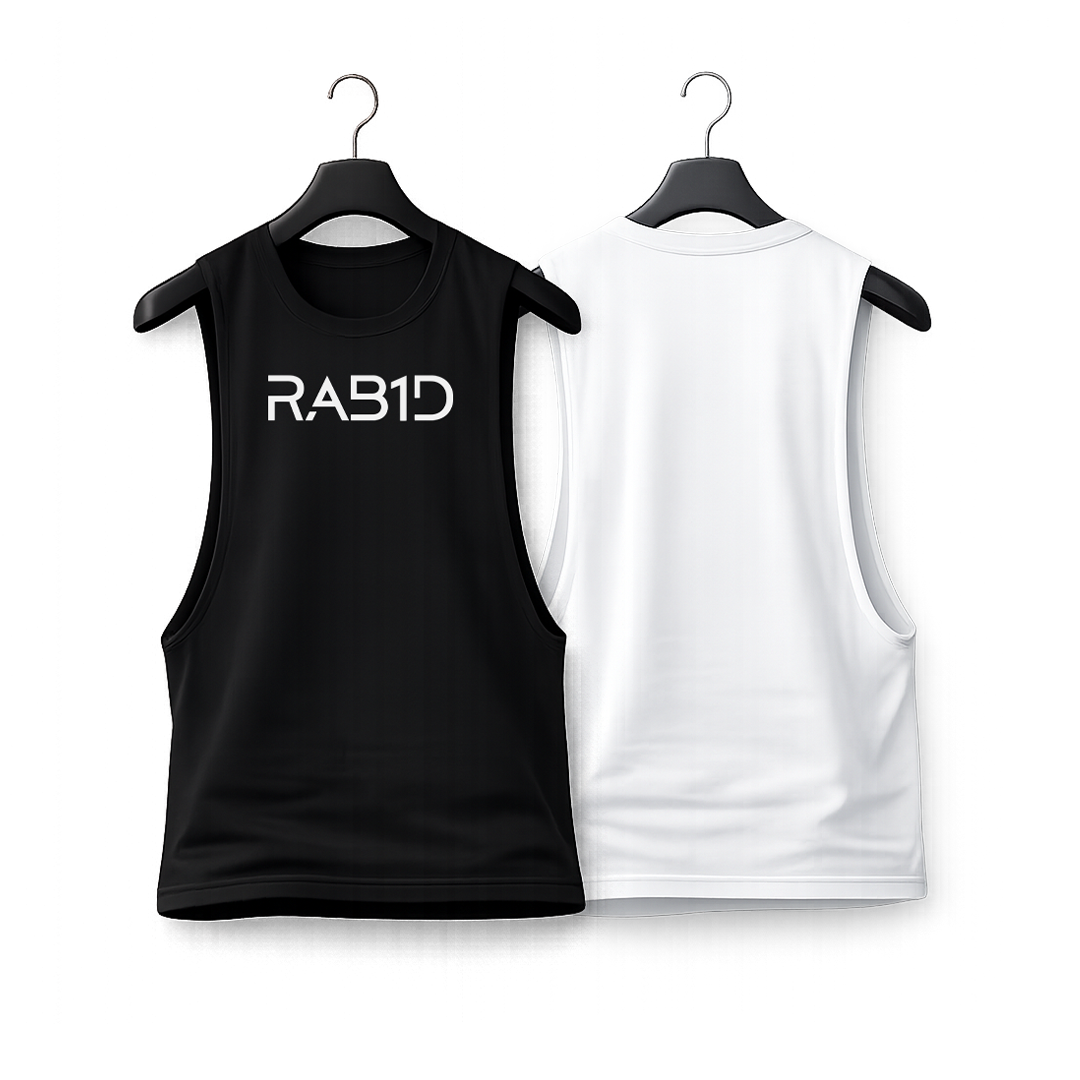 Black and white sleeveless shirts with 'RAB1D' logo on hangers against a white background