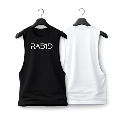 Black and white sleeveless shirts with 'RAB1D' logo on hangers against a white background