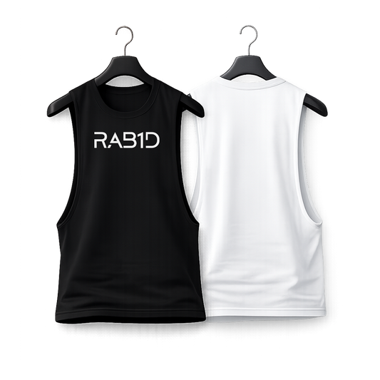 Black and white sleeveless shirts with 'RAB1D' logo on hangers against a white background