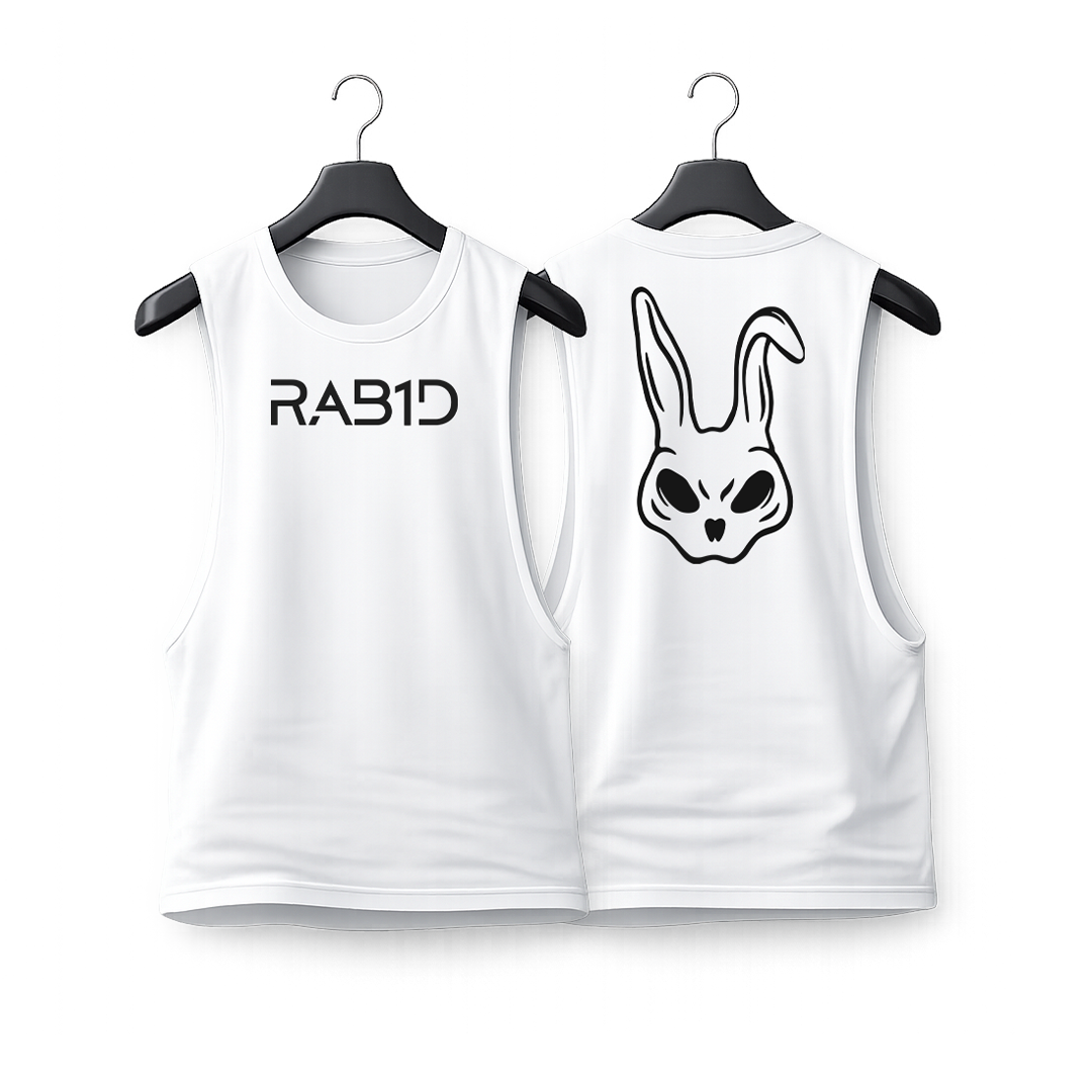 White sleeveless shirt with 'RAB1D' logo on a white background