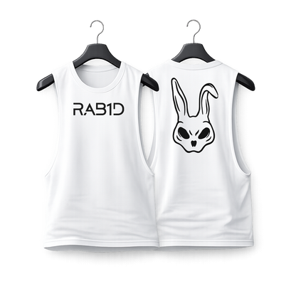 White sleeveless shirt with 'RAB1D' logo on a white background