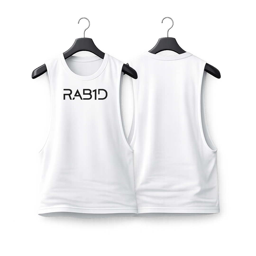 White sleeveless shirt with 'RAB1D' logo on a white background