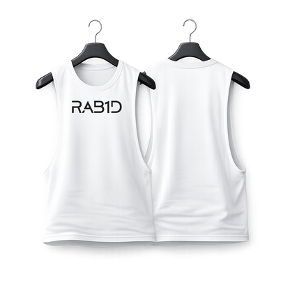 White sleeveless shirt with 'RAB1D' logo on a white background