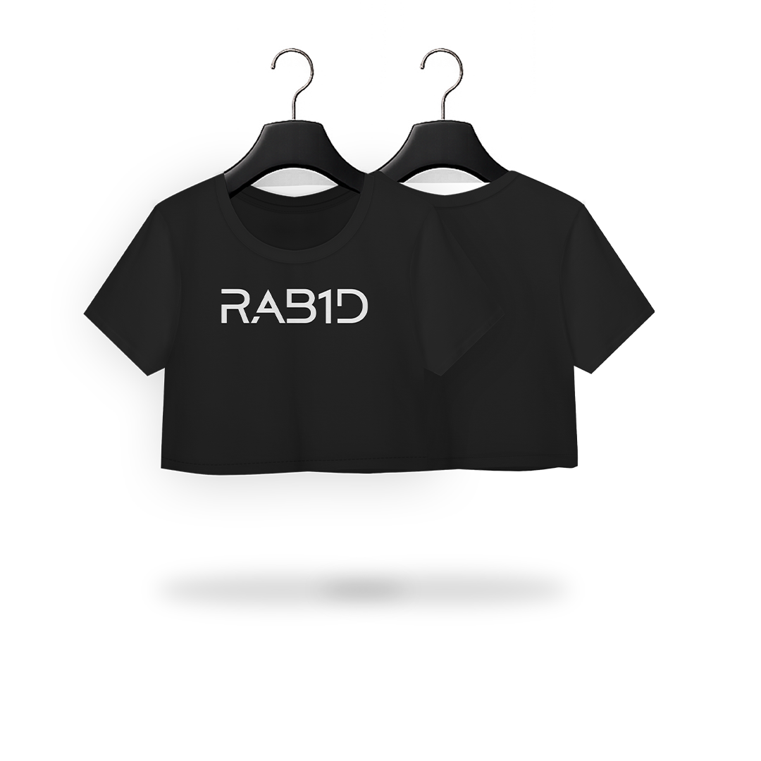 Black crop top with 'RAB1D' text on a transparent background