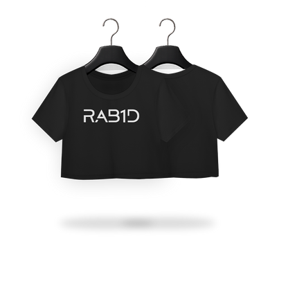 Black crop top with 'RAB1D' text on a transparent background