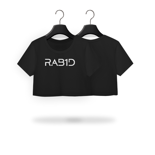 Black crop top with 'RAB1D' text on a transparent background