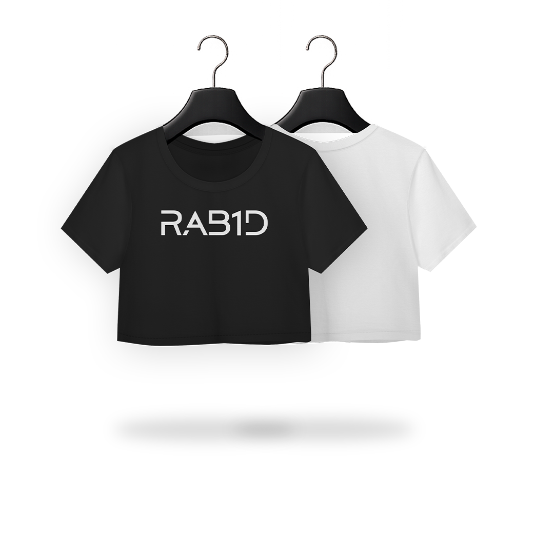 Black and white crop top with 'RAB1D' text on hangers against a transparent background