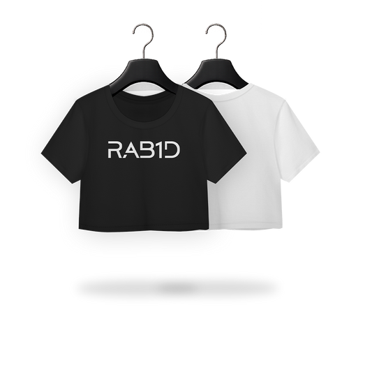 Black and white crop top with 'RAB1D' text on hangers against a transparent background