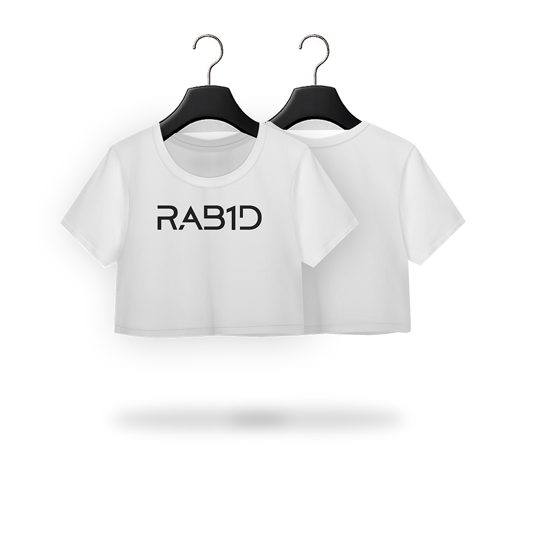 White crop top with 'RAB1D' text on a Transparent background