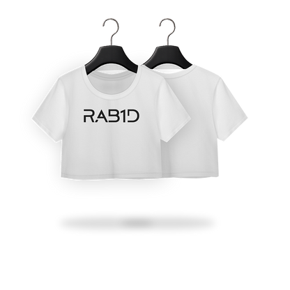 White crop top with 'RAB1D' text on a Transparent background