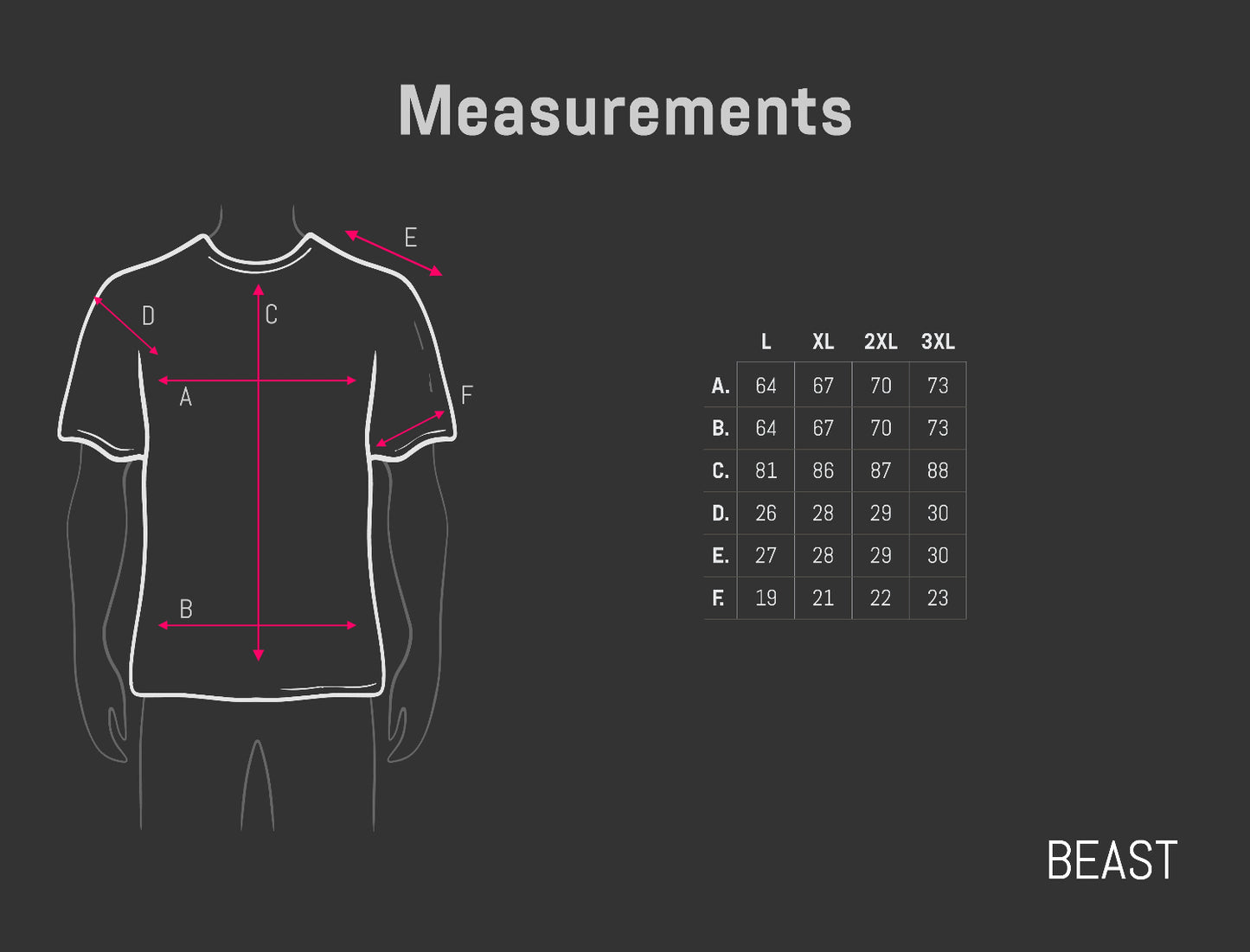 Measurement chart for a t-shirt on a dark background with 'BEAST' branding.