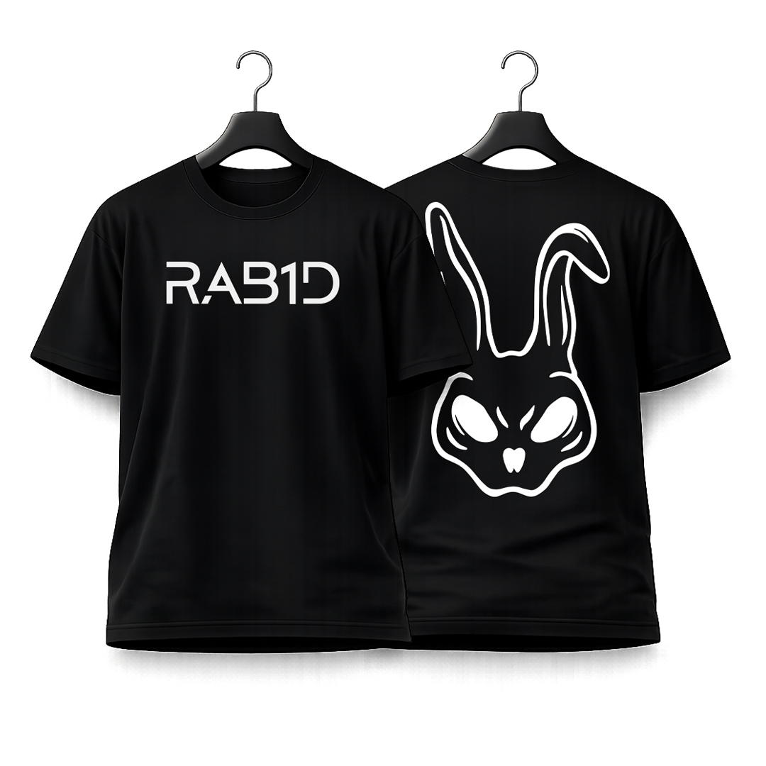 Black t-shirt with 'RAB1D' text and rabbit head design on a white background
