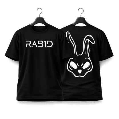 Black t-shirt with 'RAB1D' text and rabbit head design on a white background