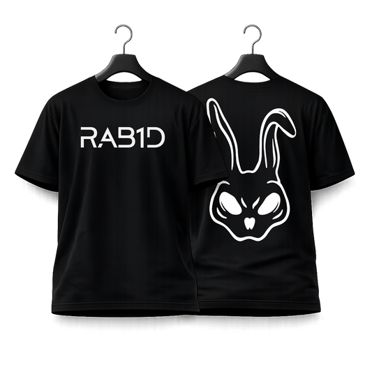 Black t-shirt with 'RAB1D' text and rabbit head design on a white background