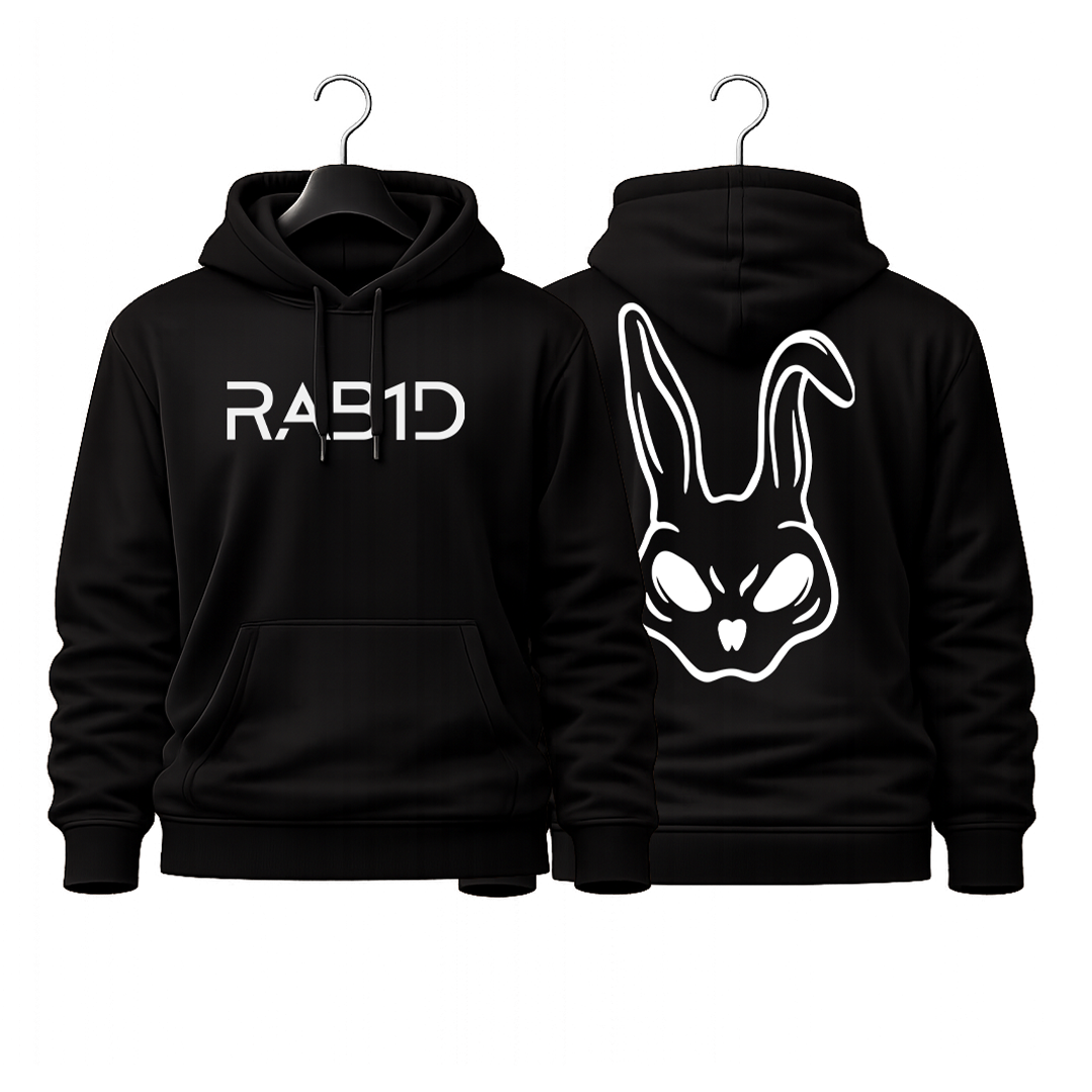 Black hoodie with 'RAB1D' logo on front and rabbit face design on back, displayed on hangers.