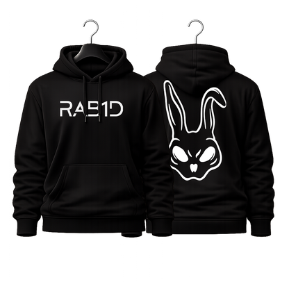 Black hoodie with 'RAB1D' logo on front and rabbit face design on back, displayed on hangers.