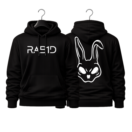Black hoodie with 'RAB1D' logo on front and rabbit face design on back, displayed on hangers.