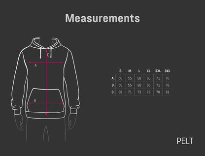 Measurement chart for a hoodie with dimensions labeled on a black background.