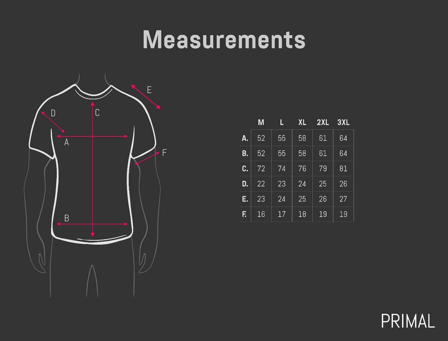 Measurement chart for a t-shirt on a black background with 'Primal' branding.
