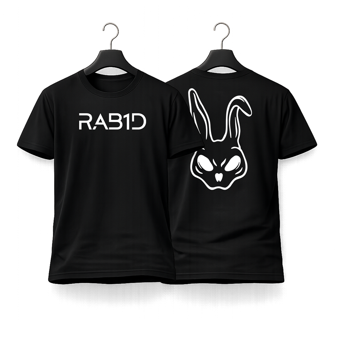 Black t-shirt with 'RAB1D' logo on a white background