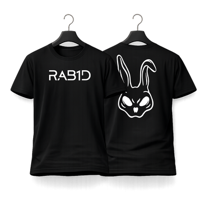 Black t-shirt with 'RAB1D' logo on a white background