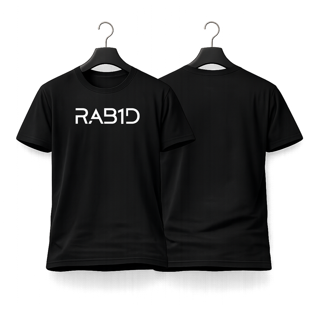 Black t-shirt with 'RAB1D' printed on a white background