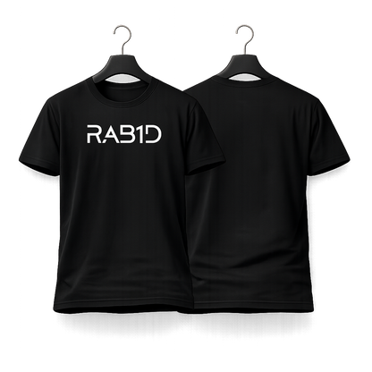 Black t-shirt with 'RAB1D' printed on a white background
