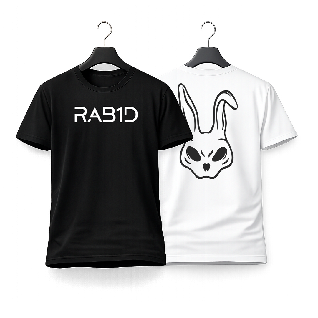 Black t-shirt with 'RAB1D' text and white t-shirt with rabbit logo on hangers against a white background